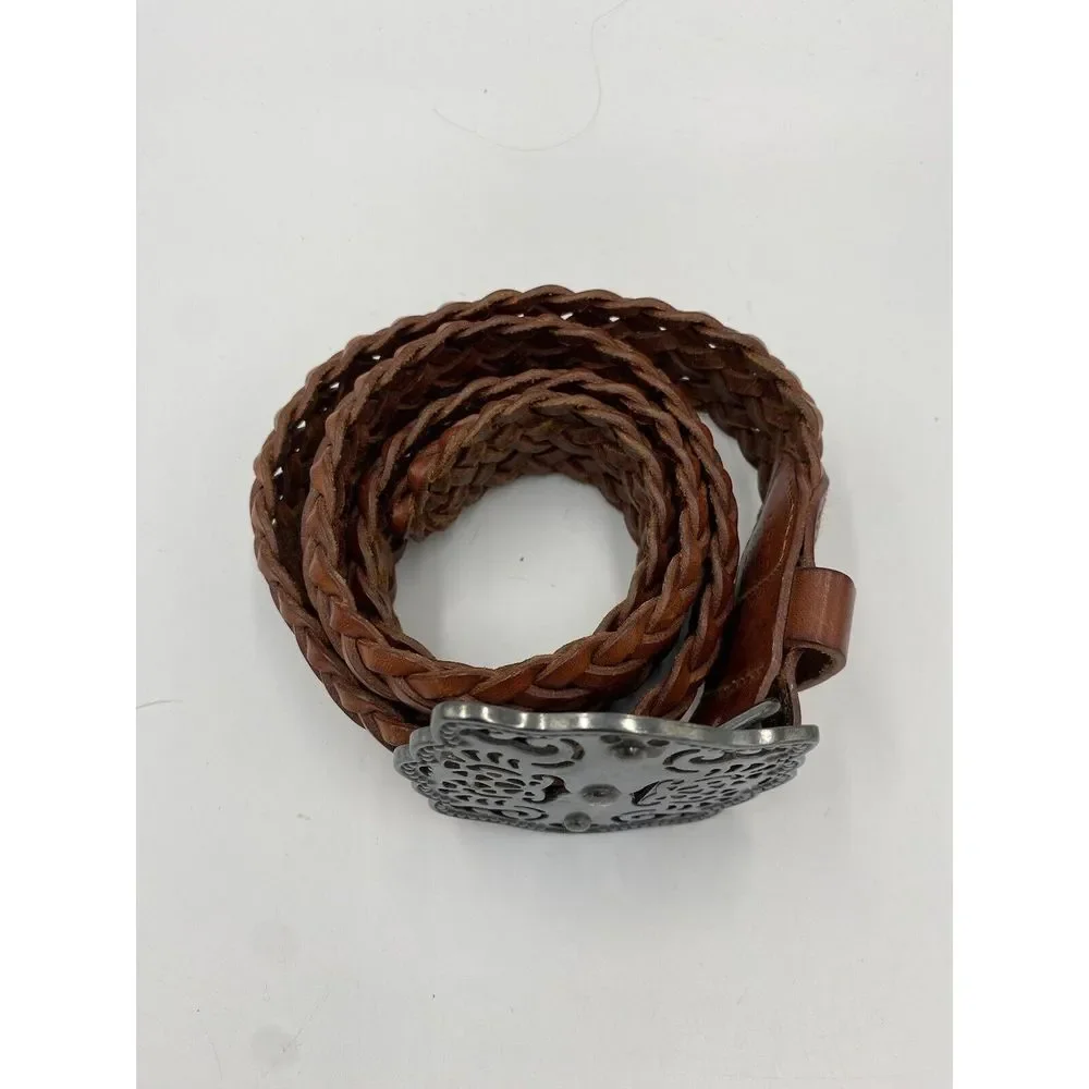 Avignon Women's Leather Cross Weave Patterned Buck Buckle Brown‎ Belt